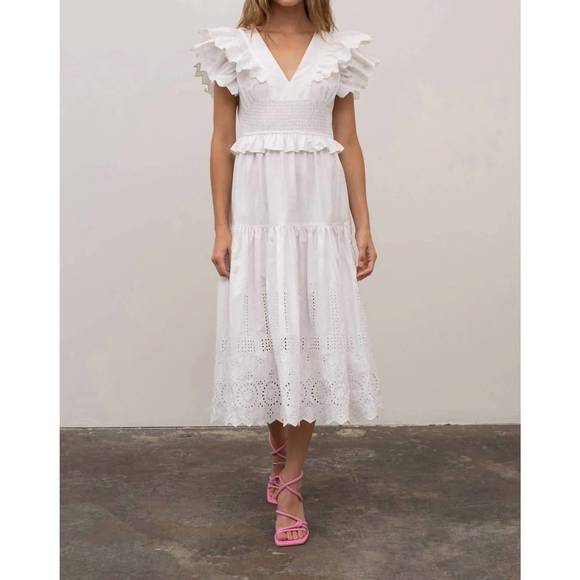 NEW MOON RIVER shirred tiered smock ruffle back-t in white - Picture 1 of 2